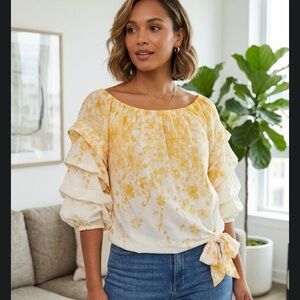 CeCe Yellow Floral Blouse with Tie Detail